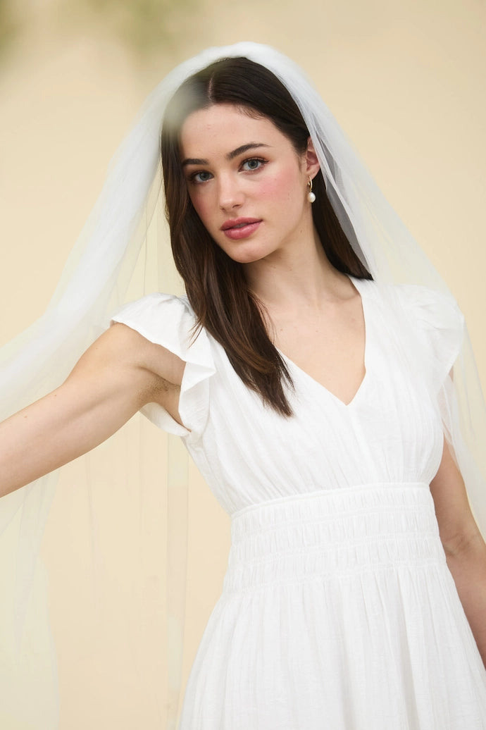 V Neck Shirred Waist Ruffle Sleeve Mini Dress