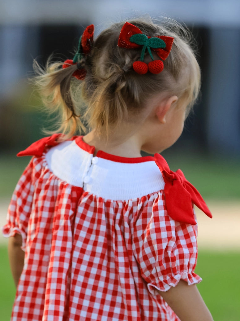 Cherry Bow Plaid Smocking Embroidery Girls' Dress
