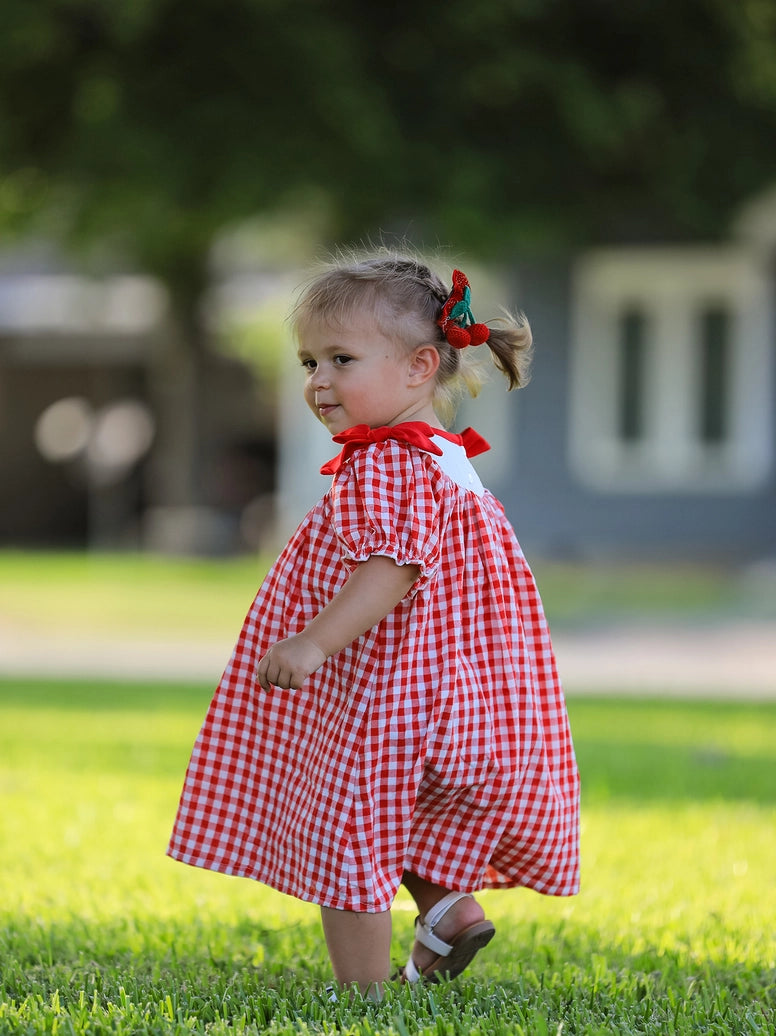 Cherry Bow Plaid Smocking Embroidery Girls' Dress