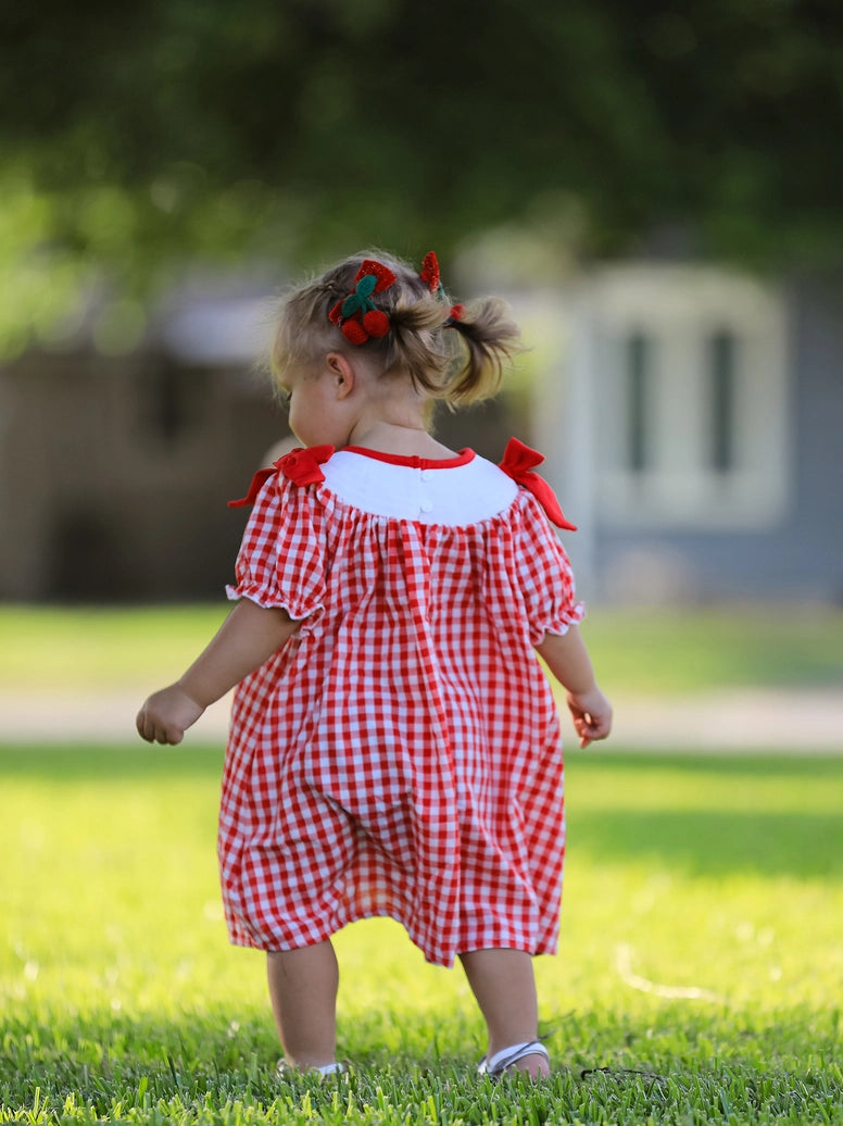 Cherry Bow Plaid Smocking Embroidery Girls' Dress