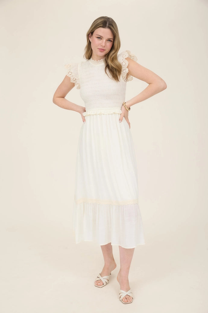 Smocked Eyelet Trim Ruffle Detail Midi Dress