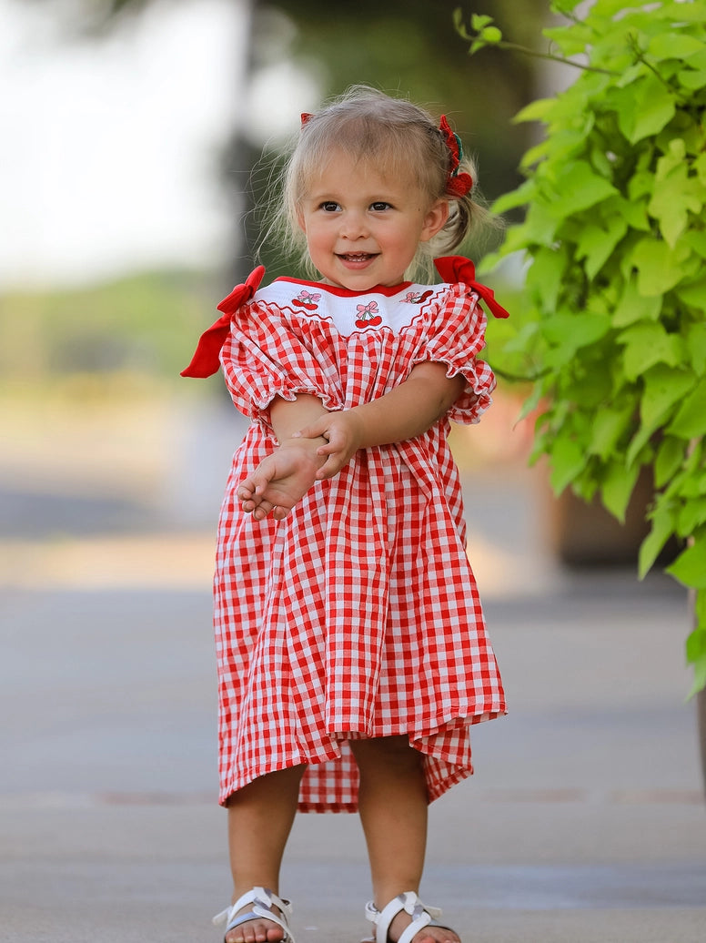 Cherry Bow Plaid Smocking Embroidery Girls' Dress