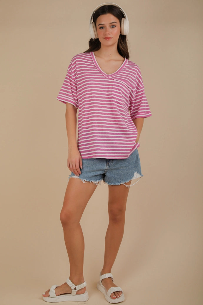 Oversized Stripe Casual V-Neck Knit Top