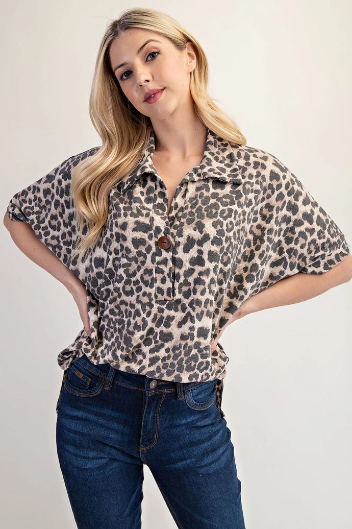Leopard Print Button-Front Collared Top
