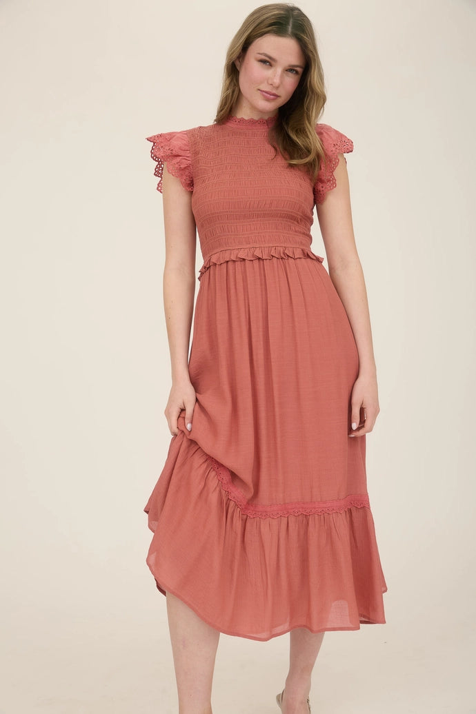 Smocked Eyelet Trim Ruffle Detail Midi Dress
