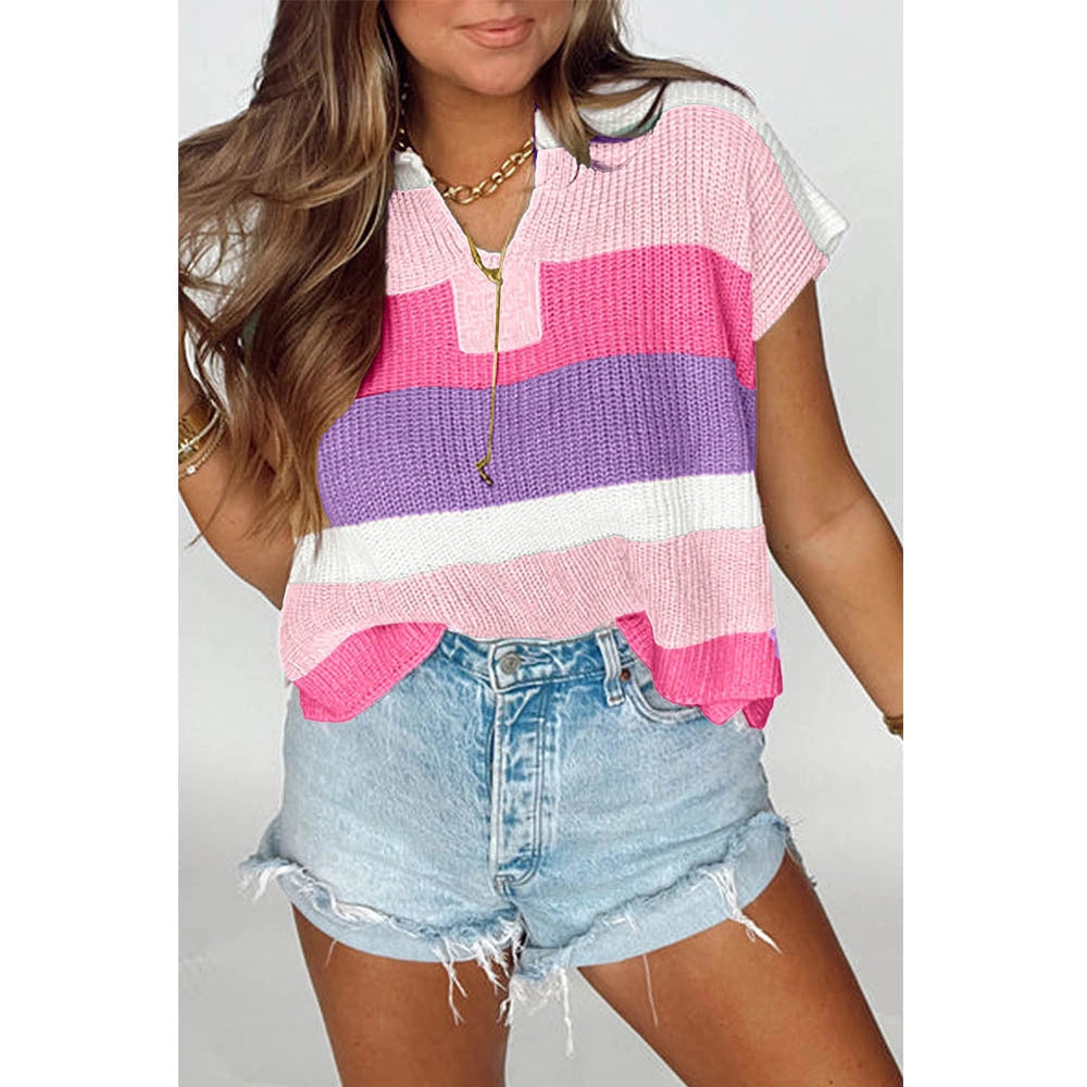 Colorblock Striped V Neck Knit Top