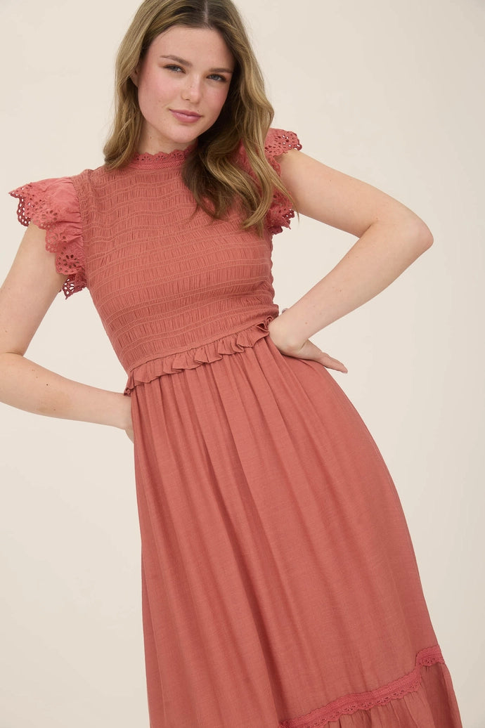 Smocked Eyelet Trim Ruffle Detail Midi Dress