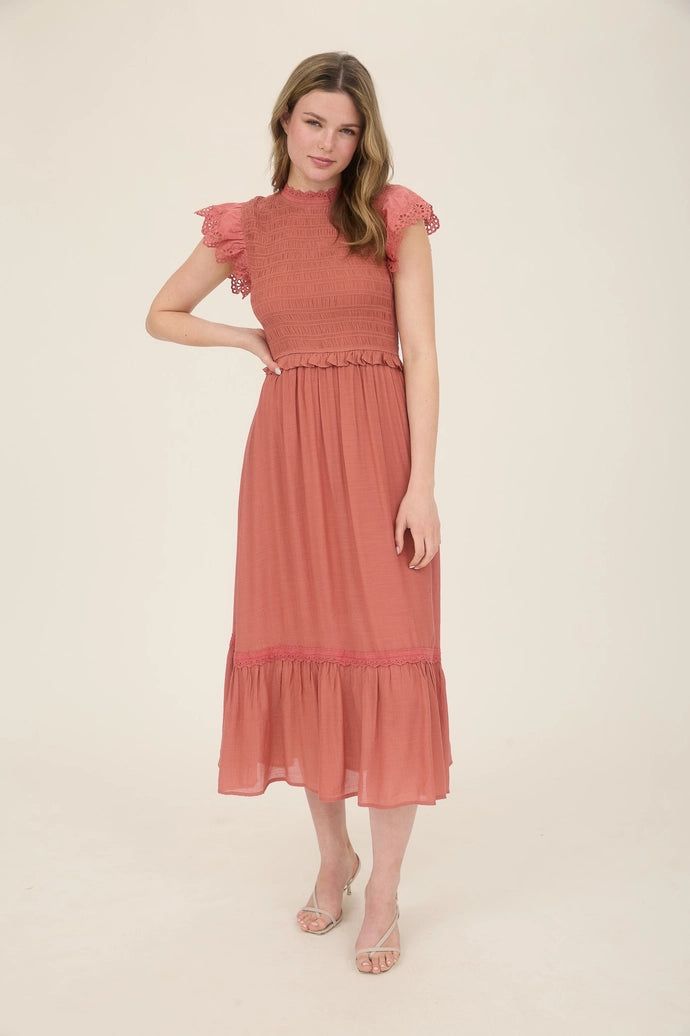 Smocked Eyelet Trim Ruffle Detail Midi Dress