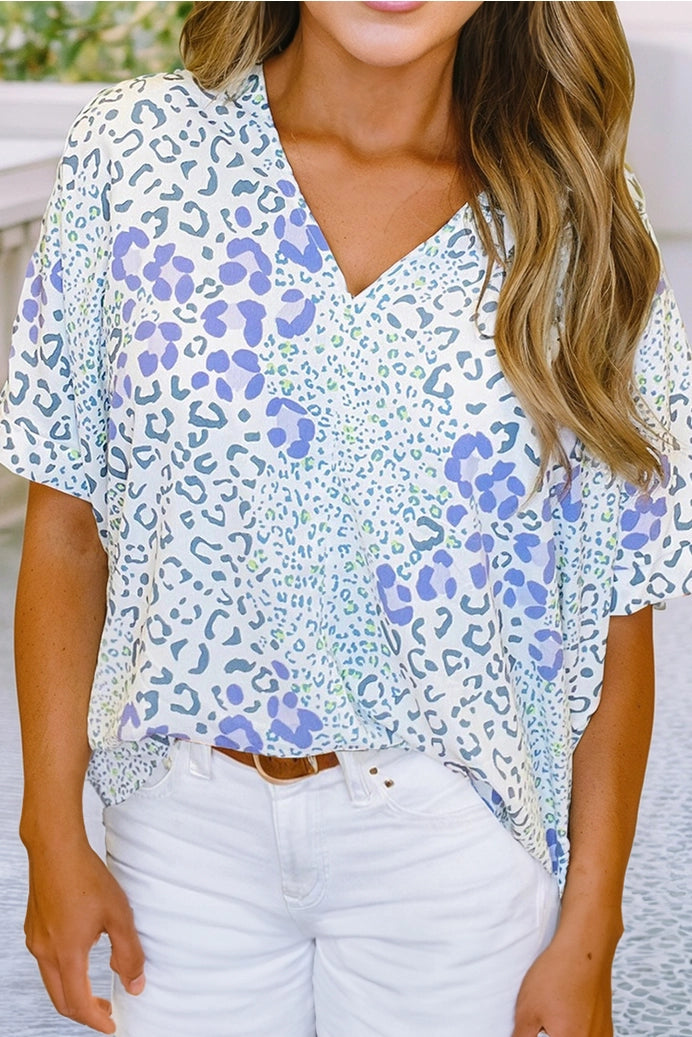 Mixed Leopard Print V Neck Short Sleeve Blouse