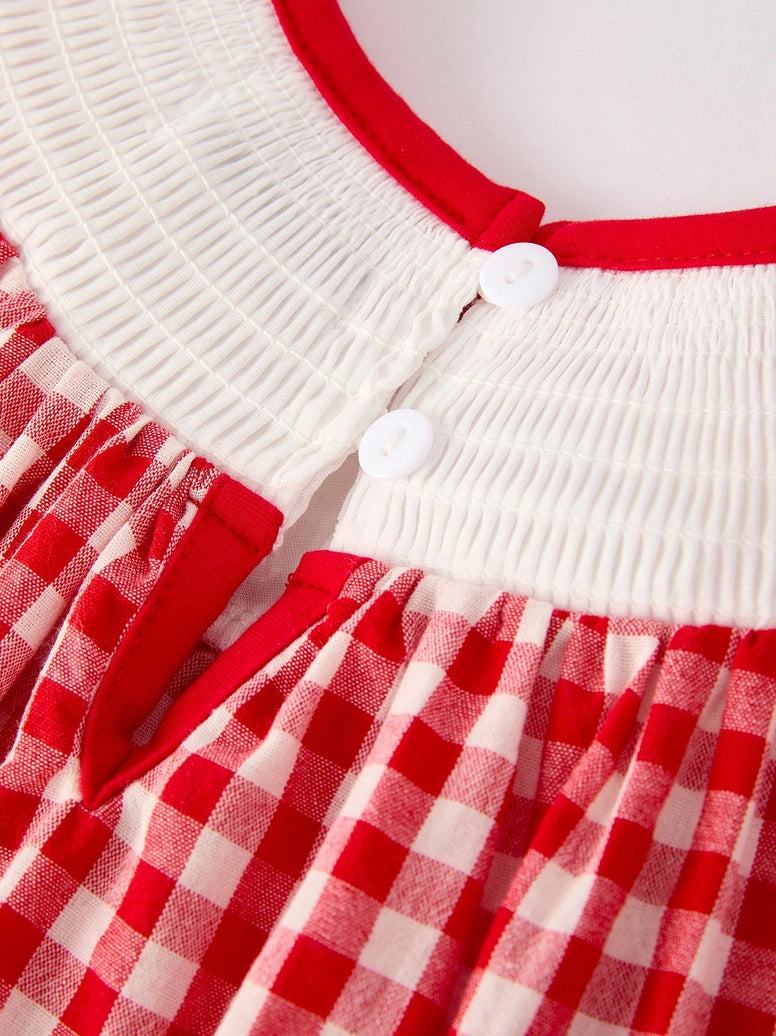 Cherry Bow Plaid Smocking Embroidery Girls' Dress