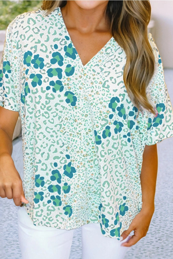 Mixed Leopard Print V Neck Short Sleeve Blouse