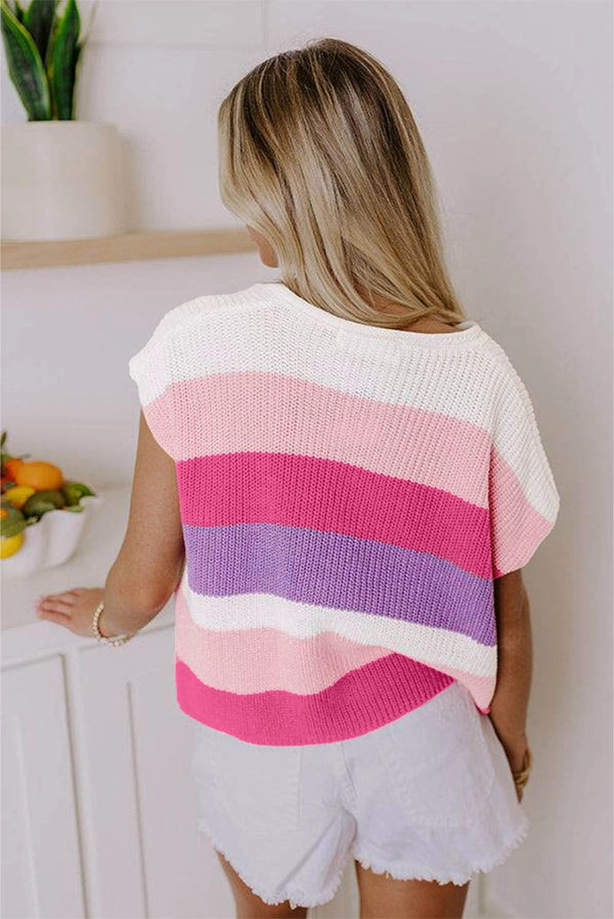 Colorblock Striped V Neck Knit Top