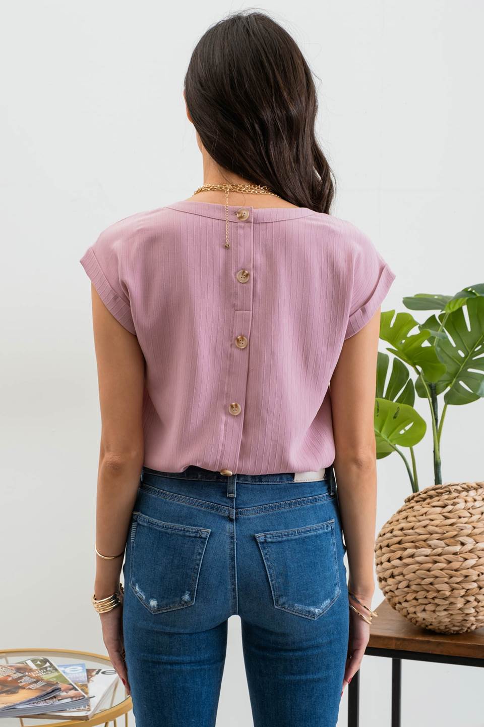 Floral Eyelet Lace Trim Back Button Top