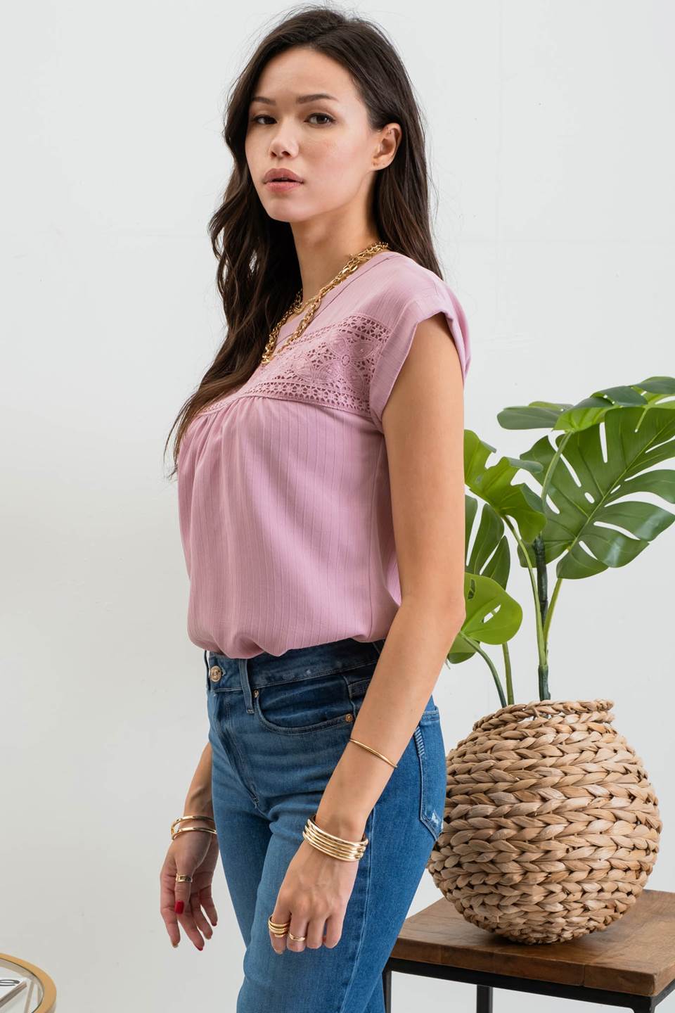 Floral Eyelet Lace Trim Back Button Top