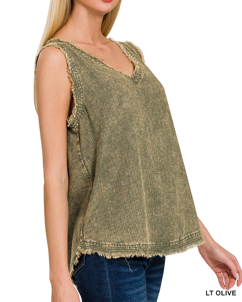 Washed Linen Frayed Edge V-Neck Sleeveless Top