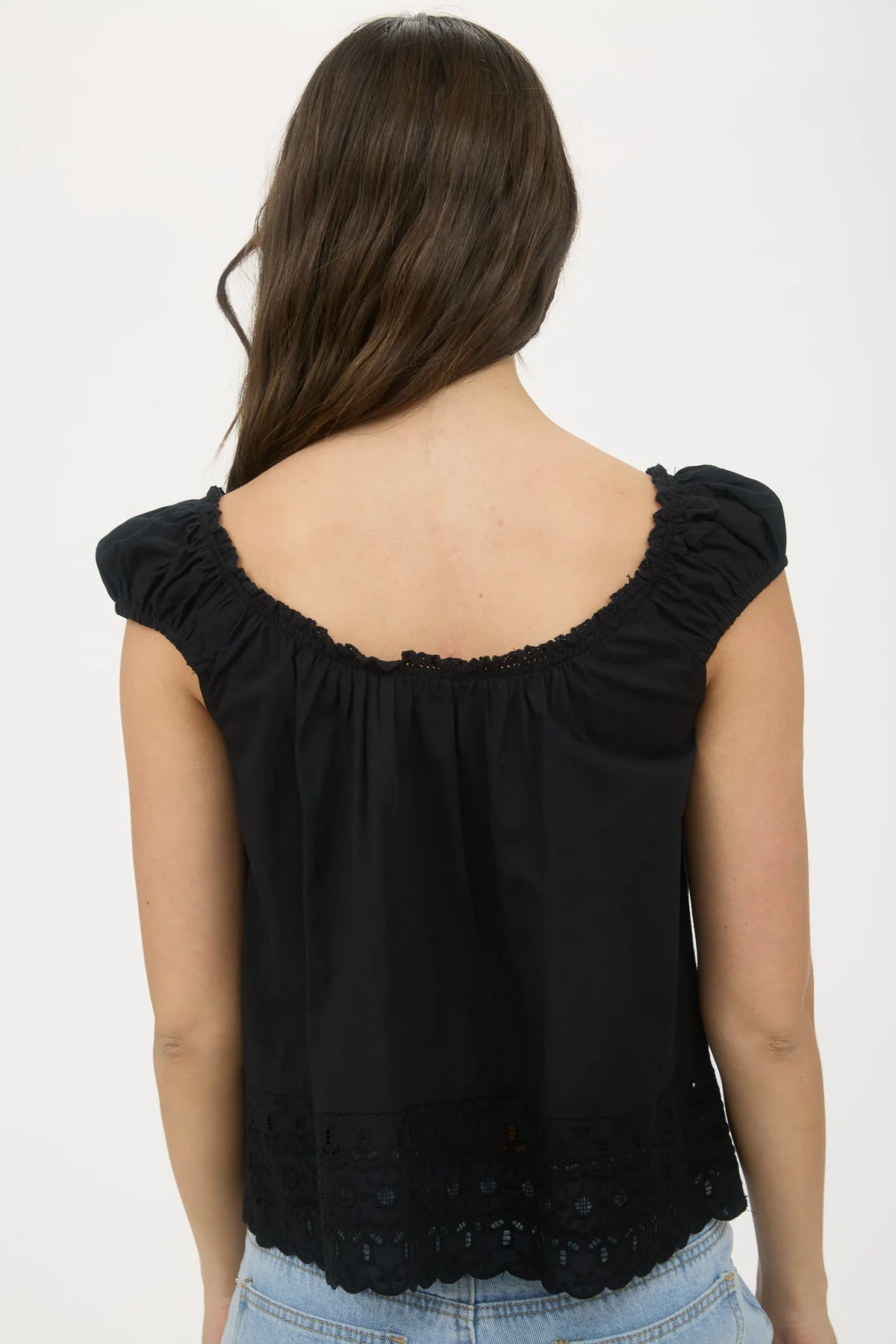 Eyelet Lace Trim Short Sleeve Button Down Blouse