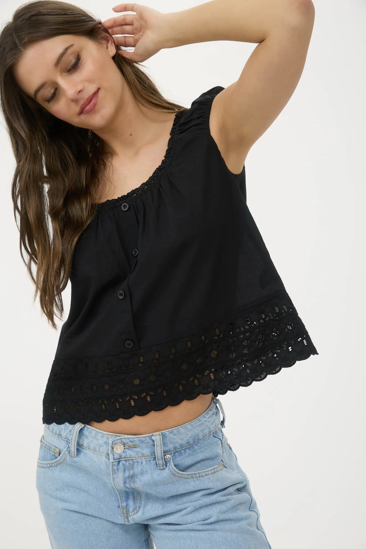 Eyelet Lace Trim Short Sleeve Button Down Blouse