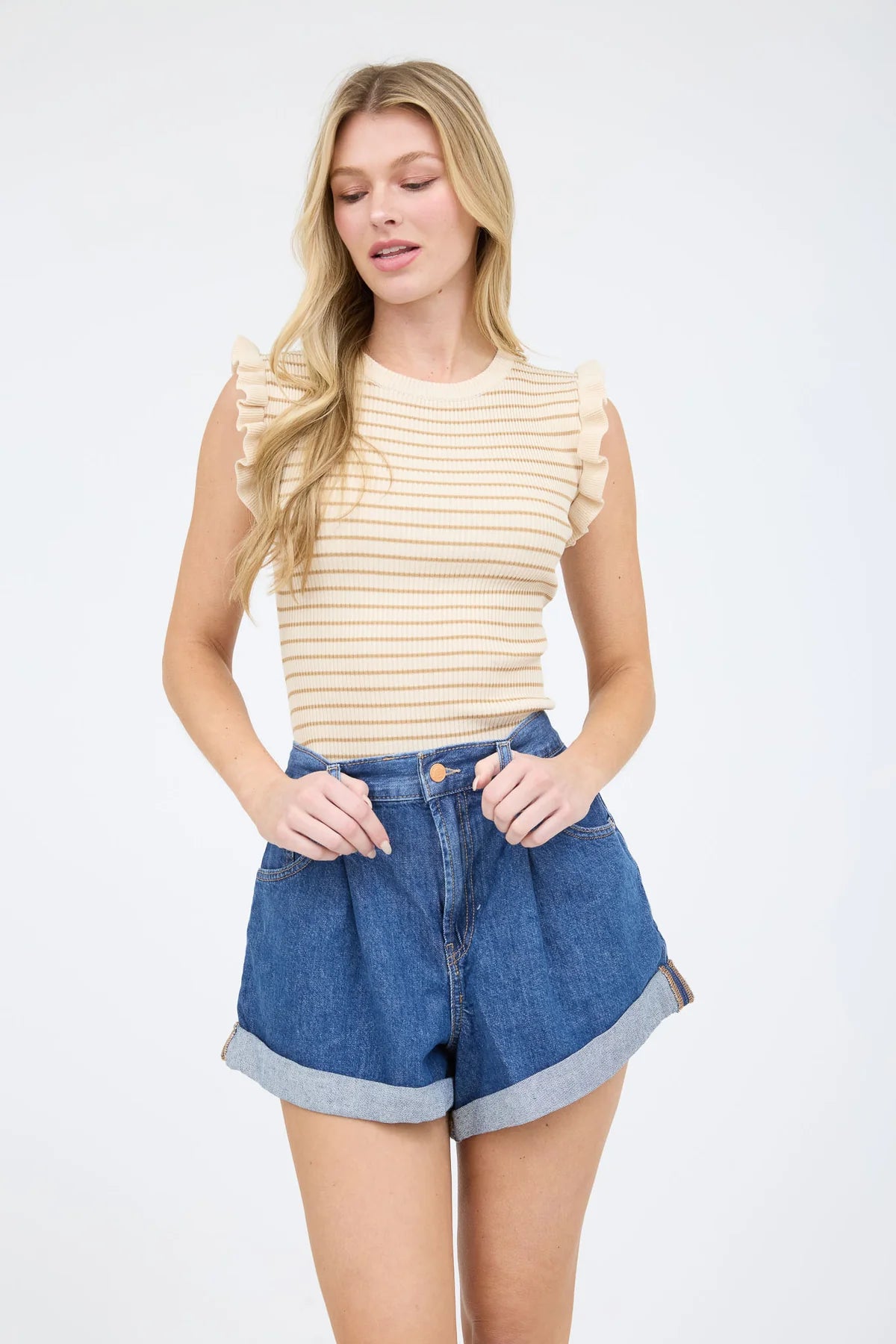 Stripe Ruffle Trim Sleeveless Pullover Sweater