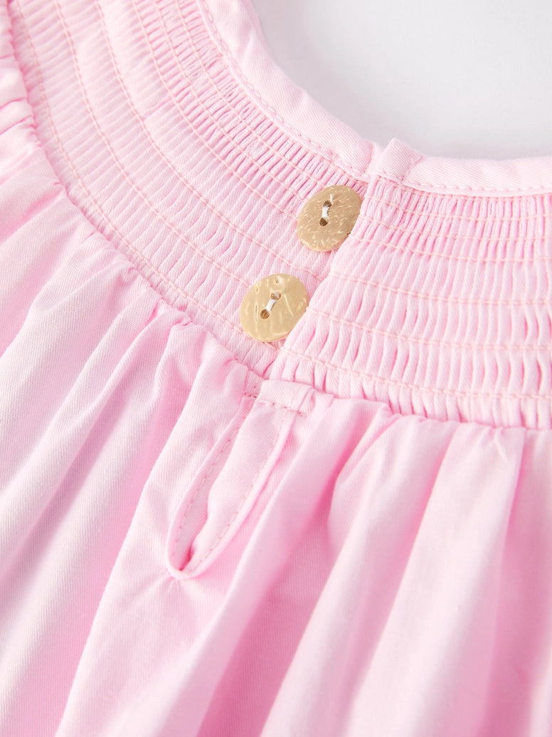 White Bow Smock Embroidered Pink Dress