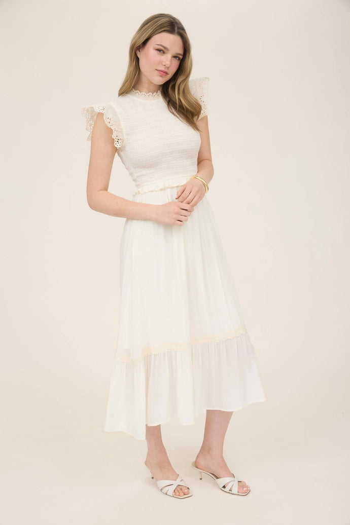 Smocked Eyelet Trim Ruffle Detail Midi Dress