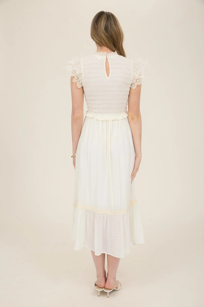 Smocked Eyelet Trim Ruffle Detail Midi Dress