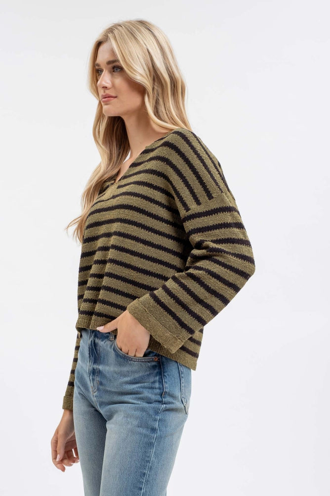 Stripe Split Neck Long Sleeve Knit Sweater