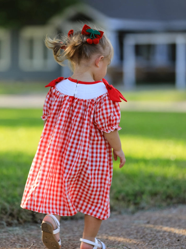 Cherry Bow Plaid Smocking Embroidery Girls' Dress
