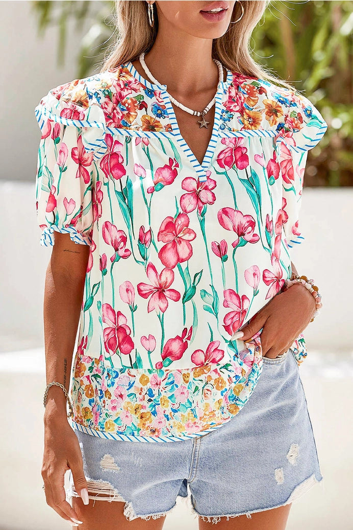 Floral Print Striped Detail Split Neck Blouse