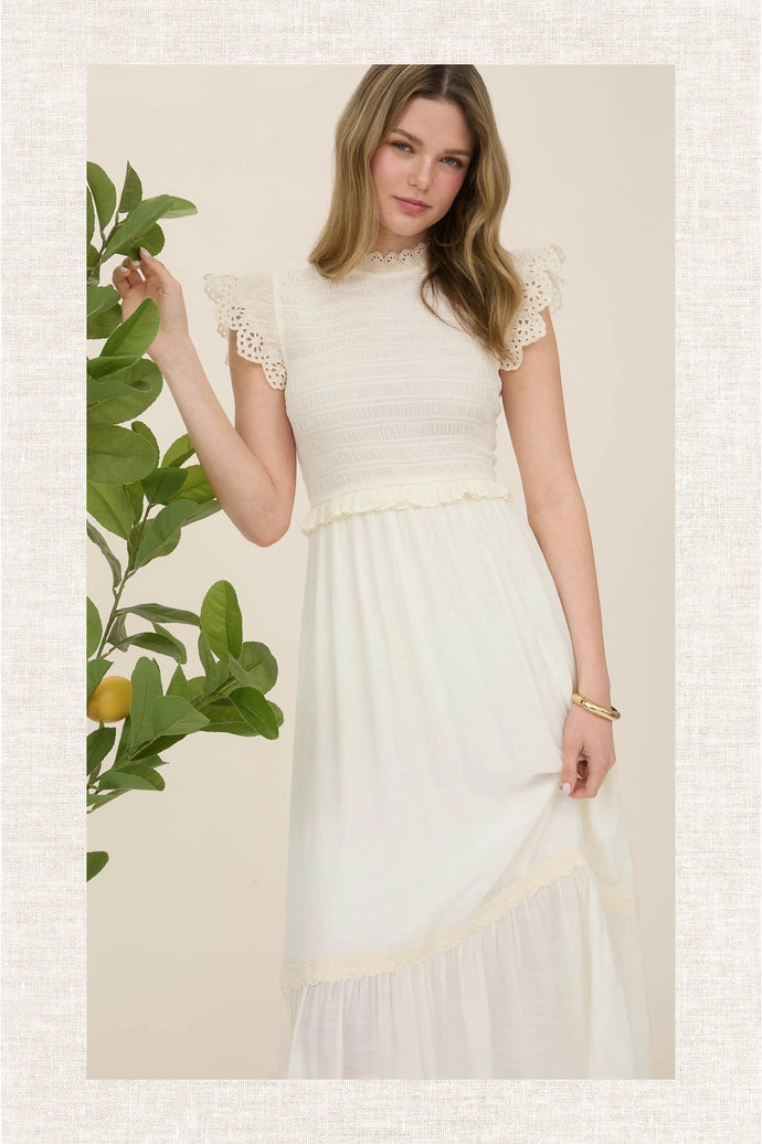 Smocked Eyelet Trim Ruffle Detail Midi Dress