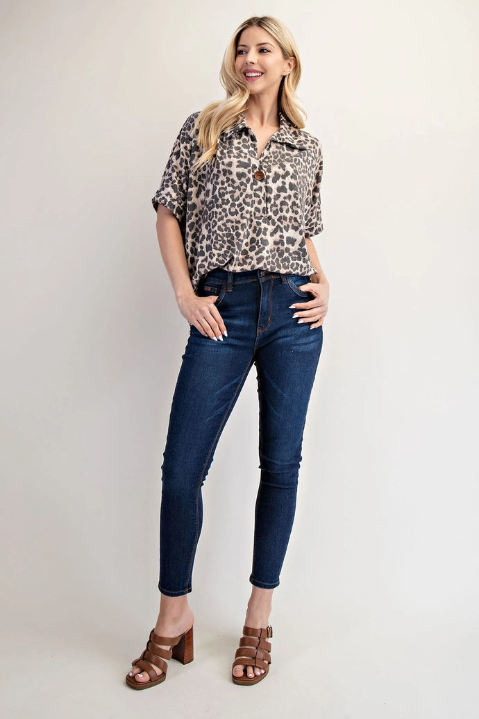 Leopard Print Button-Front Collared Top