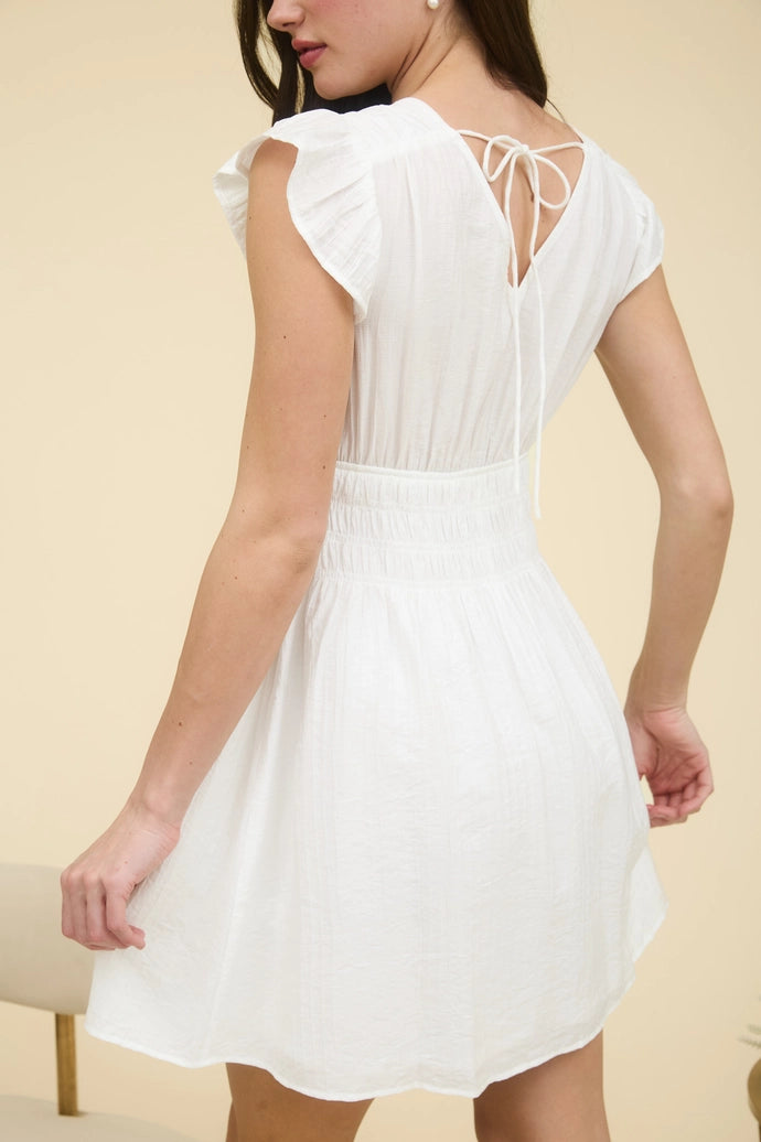 V Neck Shirred Waist Ruffle Sleeve Mini Dress