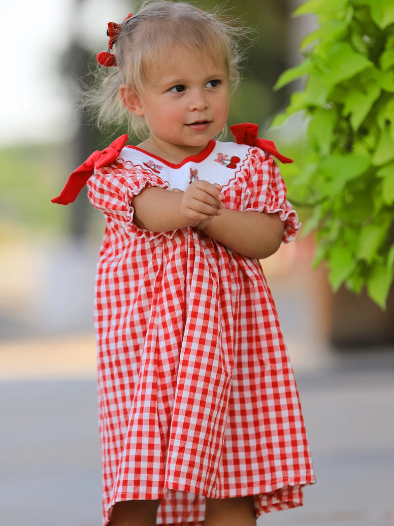 Cherry Bow Plaid Smocking Embroidery Girls' Dress