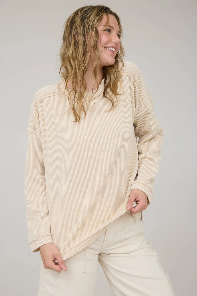 Crew Neck Ribbed Long Sleeve Knit Top