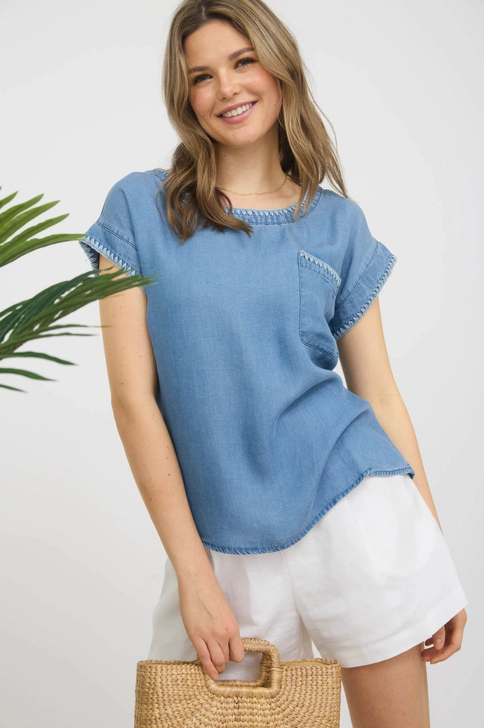 Embroidery Trim Short Sleeve Chambray Top