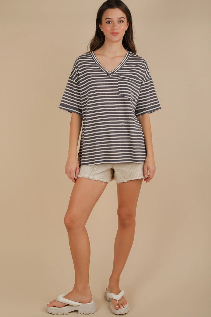 Oversized Stripe Casual V-Neck Knit Top