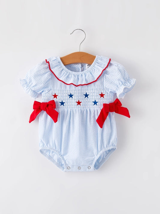 4th of July Girls' Smocking Star Embroidered Romper