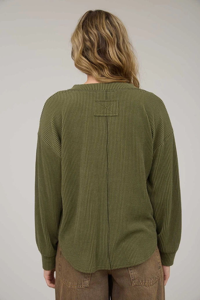 Washed Ribbed Long Sleeve Henley Knit Top