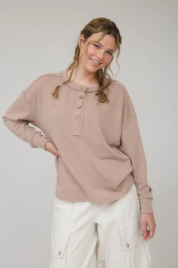 Ribbed Henley Long Sleeve Knit Top