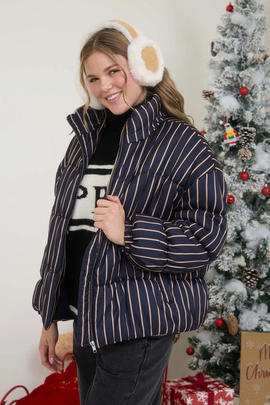 Striped High Neck Puffer Jacket