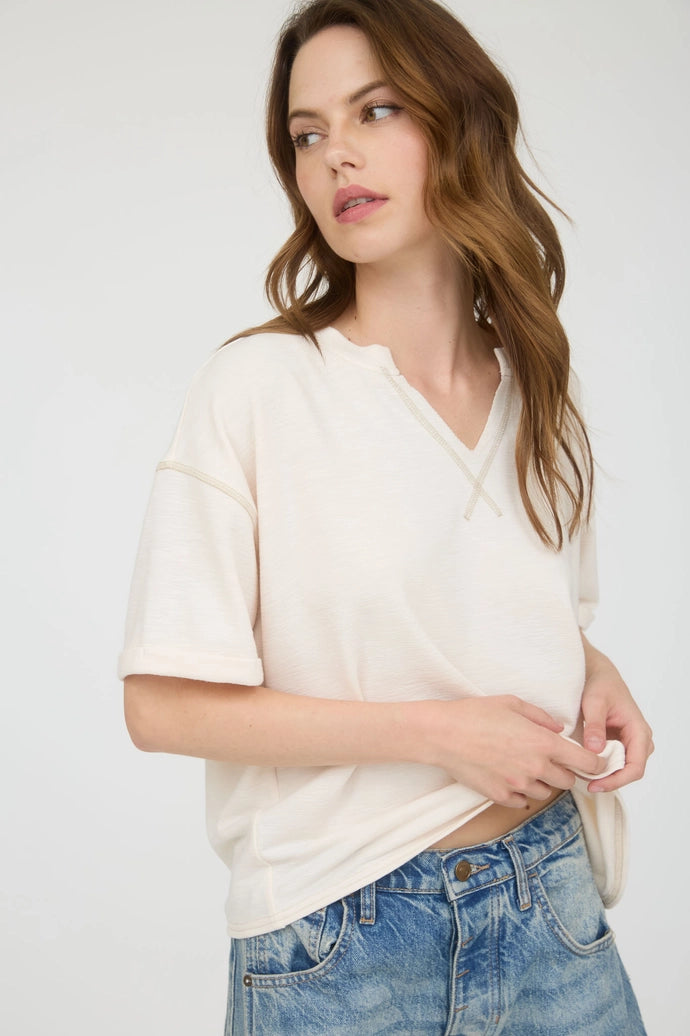 Contrast Stitch Drop Shoulder Cuff Sleeve Knit Top
