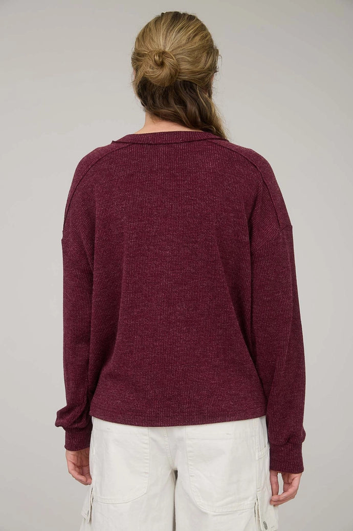 Ribbed Henley Long Sleeve Knit Top
