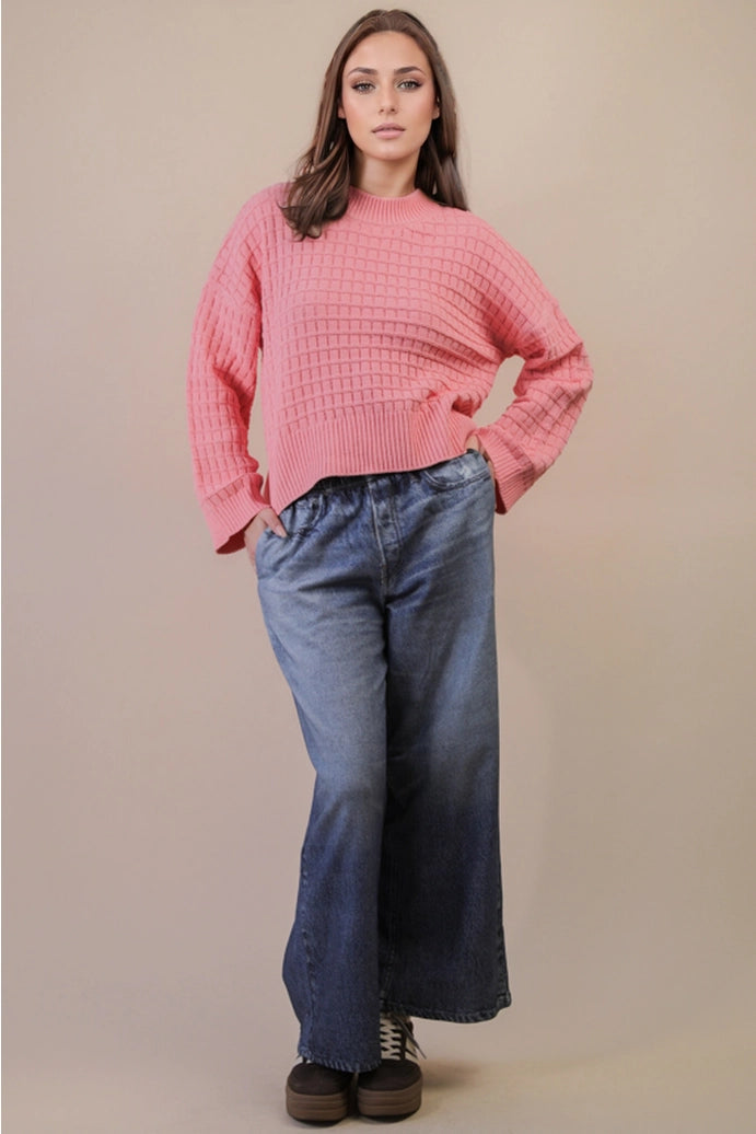 Oversized Textured Solid Casual Knit Sweater Top