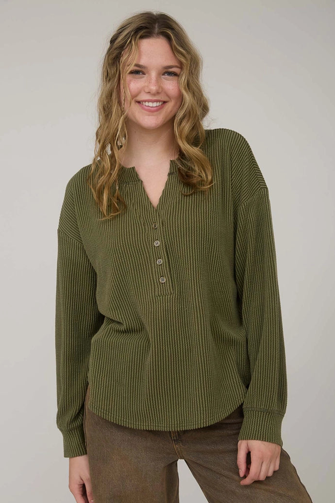 Washed Ribbed Long Sleeve Henley Knit Top
