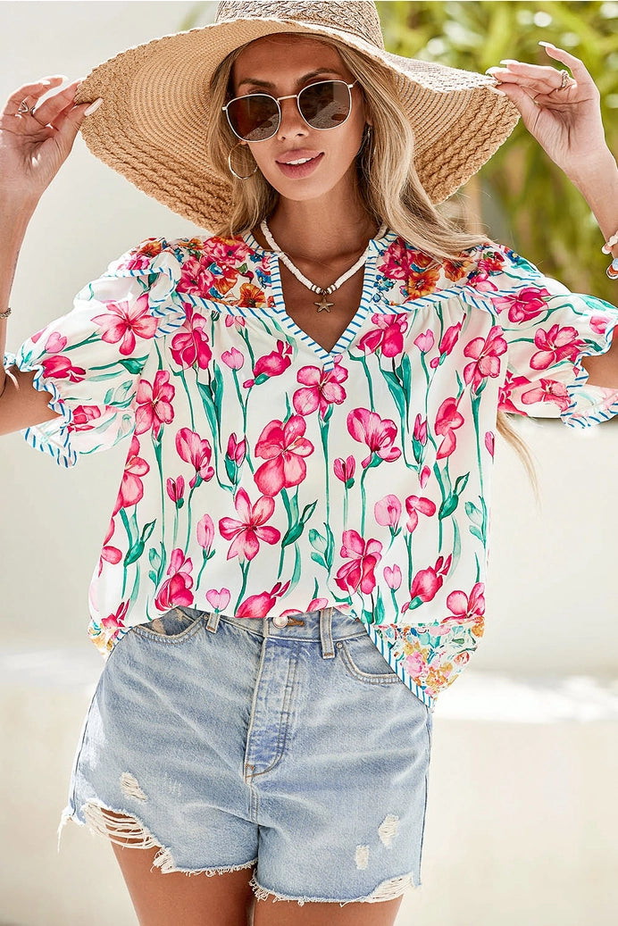 Floral Print Striped Detail Split Neck Blouse