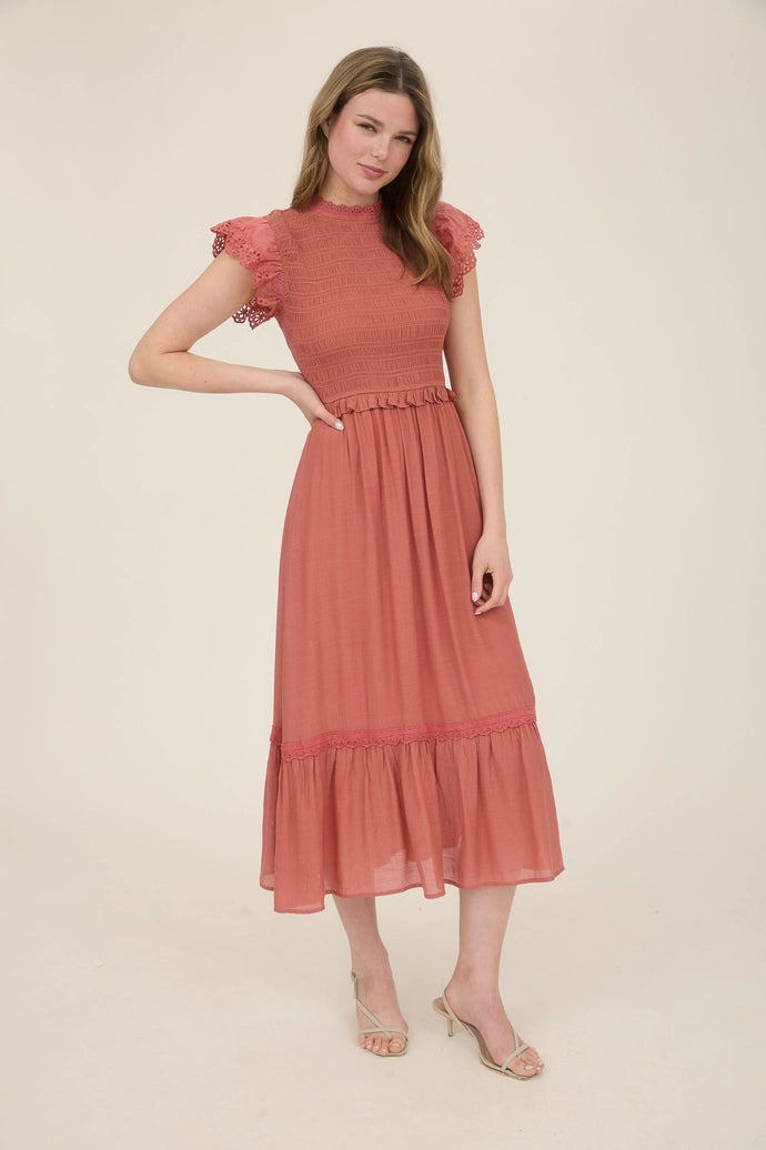 Smocked Eyelet Trim Ruffle Detail Midi Dress