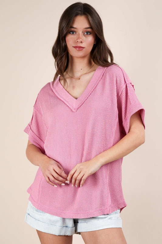 Soft Two Tone Casual Comfy Ribbed Knit Top