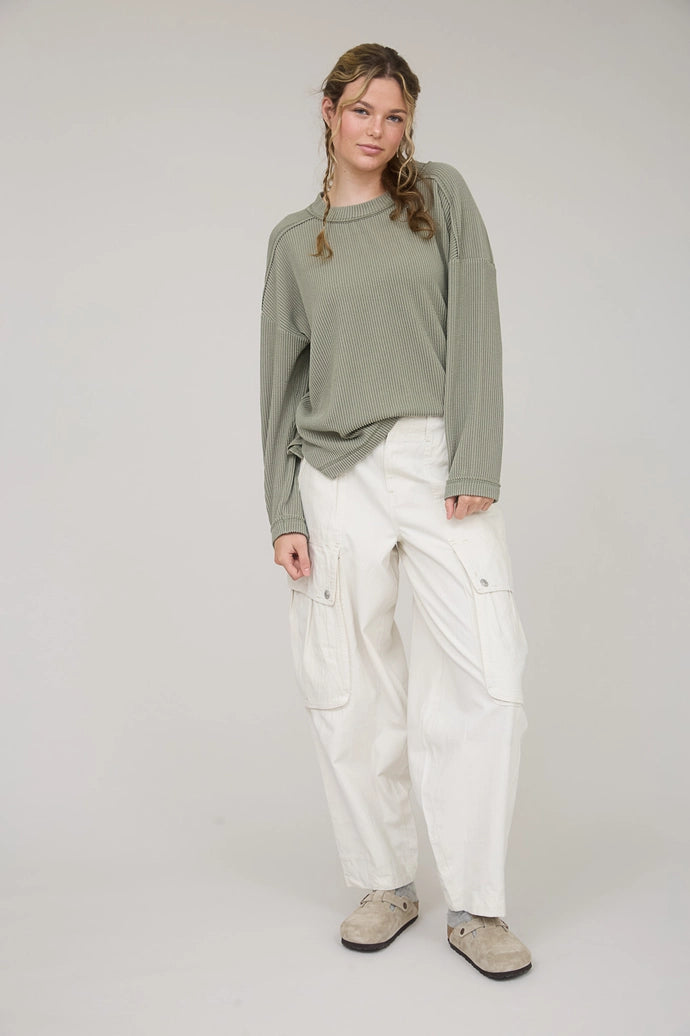 Crew Neck Ribbed Long Sleeve Knit Top