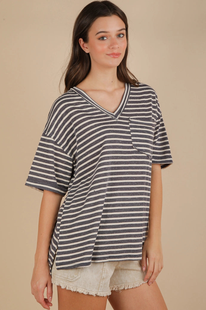 Oversized Stripe Casual V-Neck Knit Top