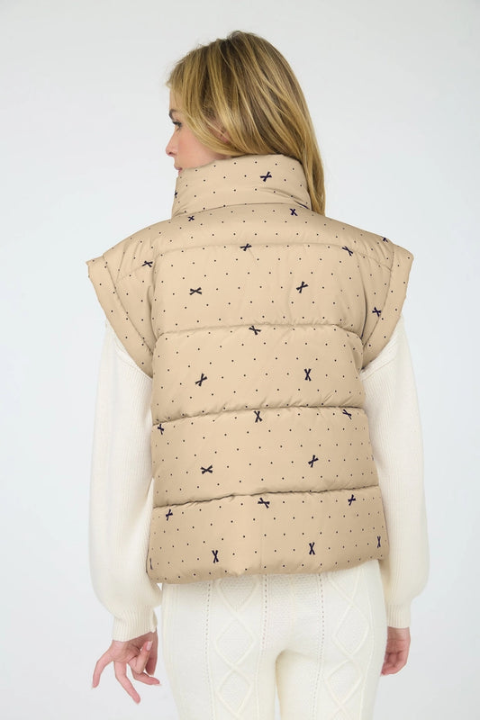 Polka Dot Bow Pattern Zip-Up Puffer Vest