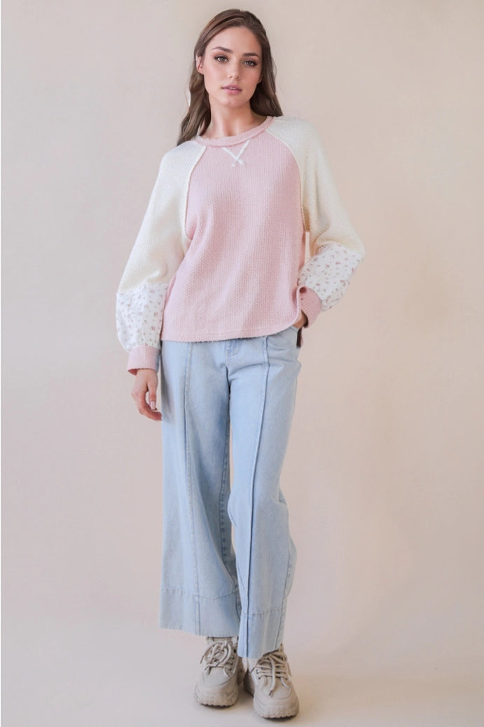 Raglan Sleeve Color Block Casual Textured Knit Top